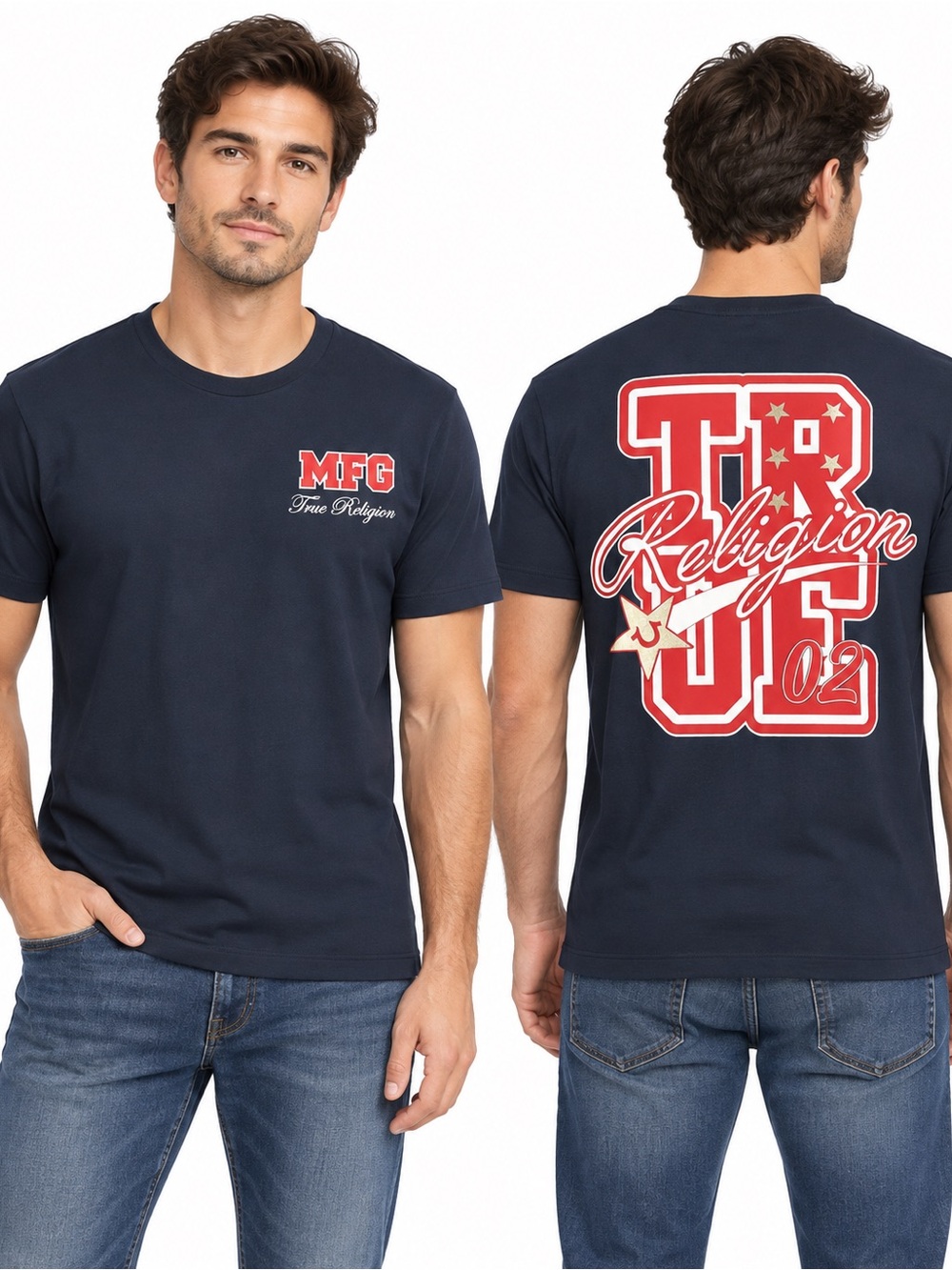 True Religion Navy Tee with Red and Cream Back Graphic